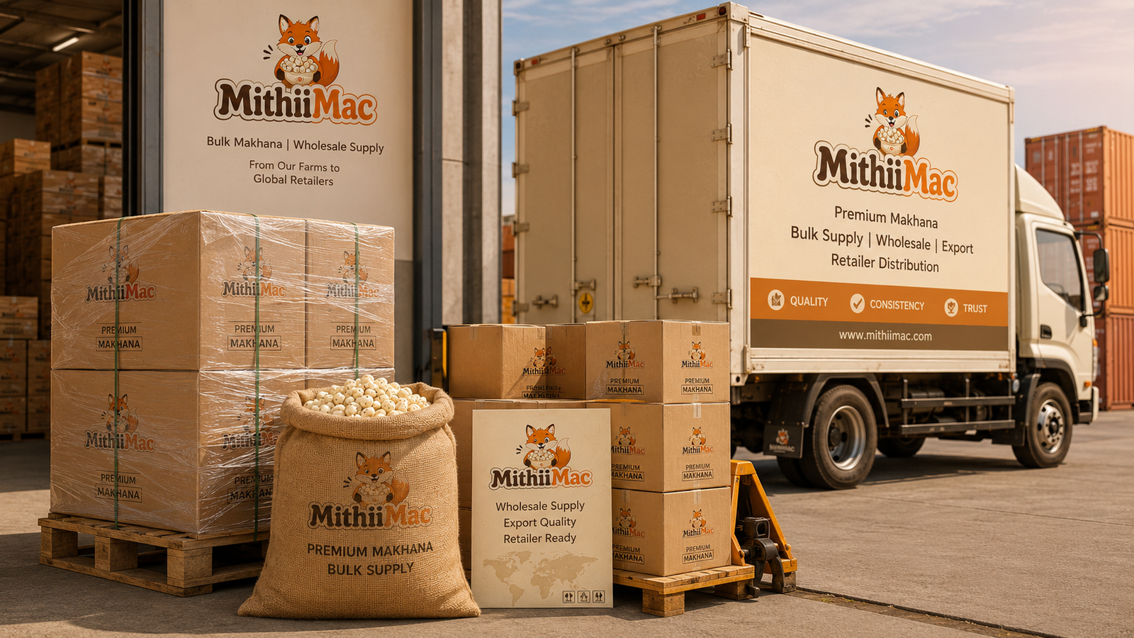 MithiiMac bulk makhana supply logistics with cartons, sack and delivery truck